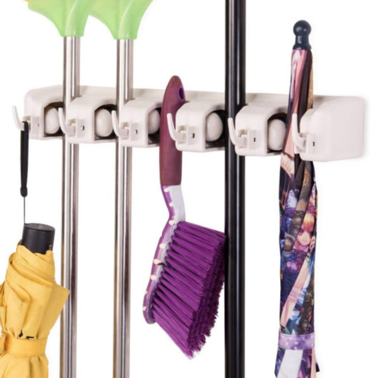 5-Position Mop Rack with 6 Foldable Hooks Wall-Mounted for Bathroom, Kitchen, Garage